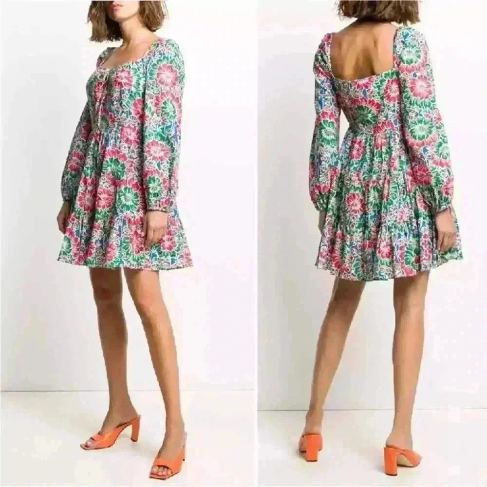 RIXO London Roxy Long Sleeve Mini Dress US 8  Hibiscus Floral Cotton swing Pink
